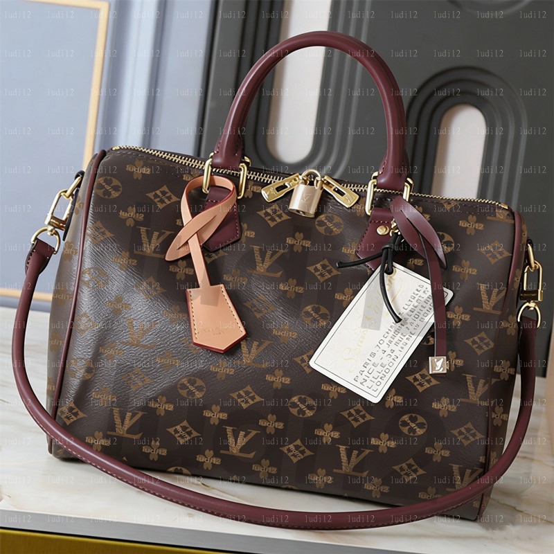 Top quality Speedyes 30cm Bandouliere Style Luxury Women Handbag Monogram Canvas Top Handle Bag mirror quality Classic Flower Checked Bag Boston tot