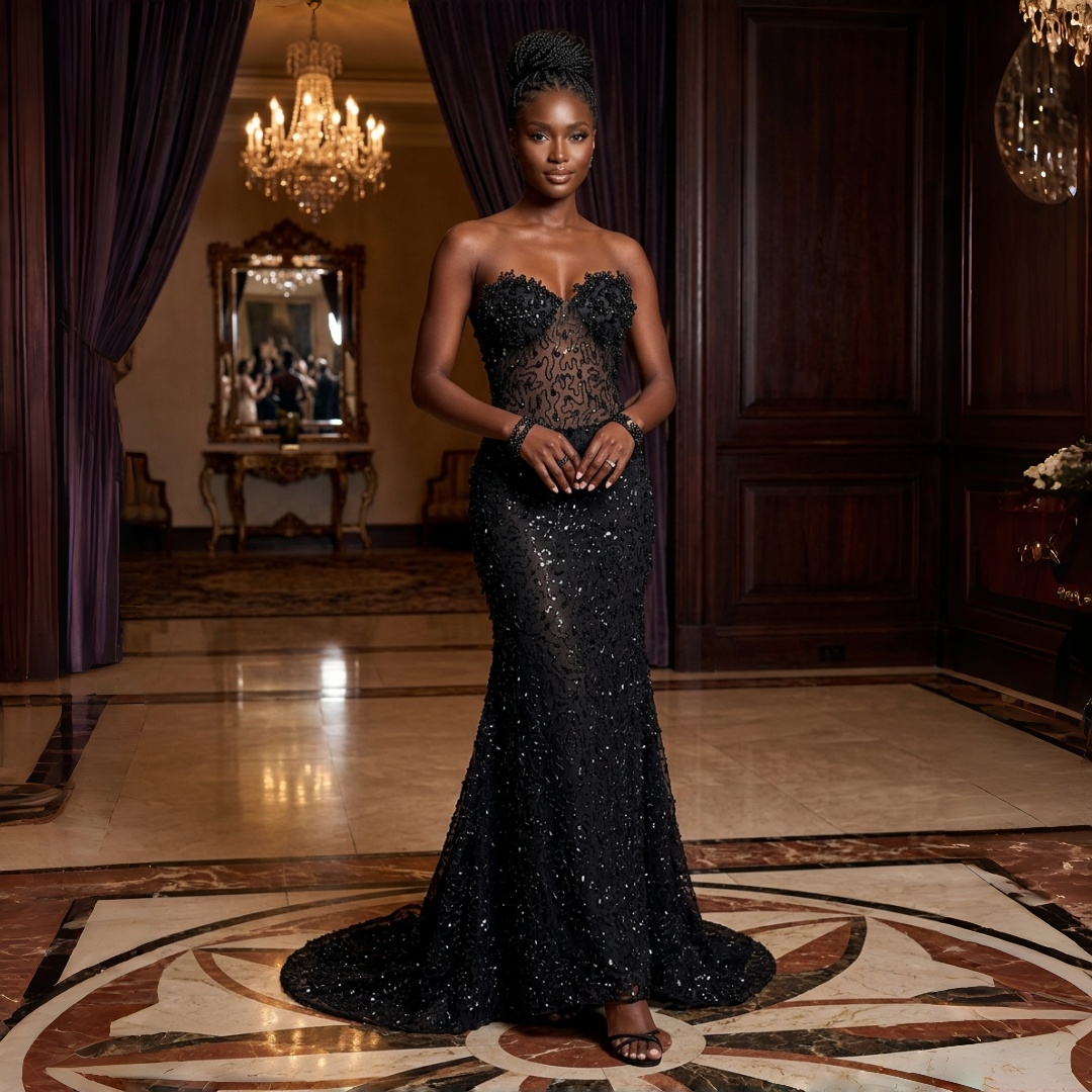Robe de bal noire à paillettes et cristaux pour filles, illusion de sirène, robe de soirée à paillettes, sans manches, longue, pour occasions spé