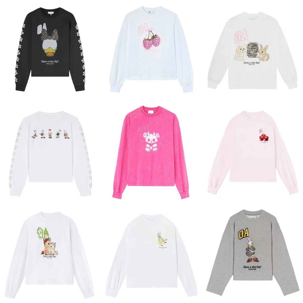 2026 new niche designer summer pure cotton long-sleeve t-shirts classic print styles in rose red and pink round neck casual loose pullover short--image-936018799