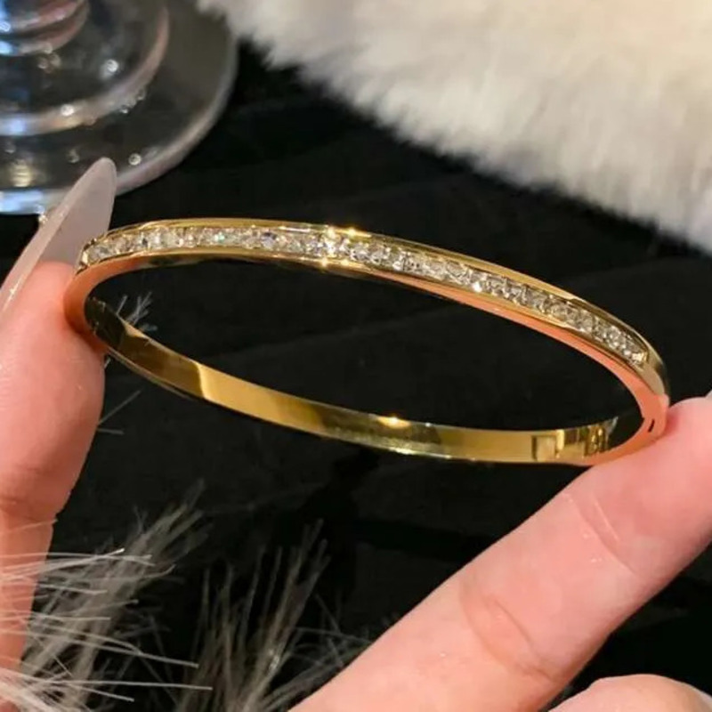 Designer Bracelet for Women Minimalist Gold Bangle Full Paved Zircon Single Row Crystal Cuff Elegant Stackable Daily & Party Jewelry