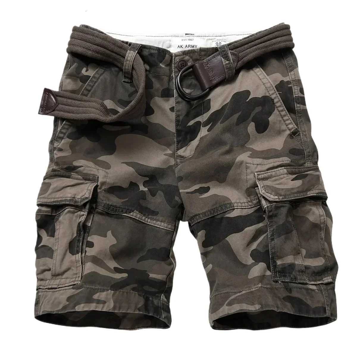 Training Camouflage Cargo Shorts for Men, Acrylic Belted Waist Capris with Cargo Pockets, Casual Vacation Wear - Model 8063 H260829