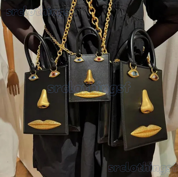 Schiaparelli Inspired Top Handle Bag 3D Face Bag Human Art Jewelry Bag Designer Square Face Tote Bag Eye Nose Lips Decor Crossbody Bag for Women Ver