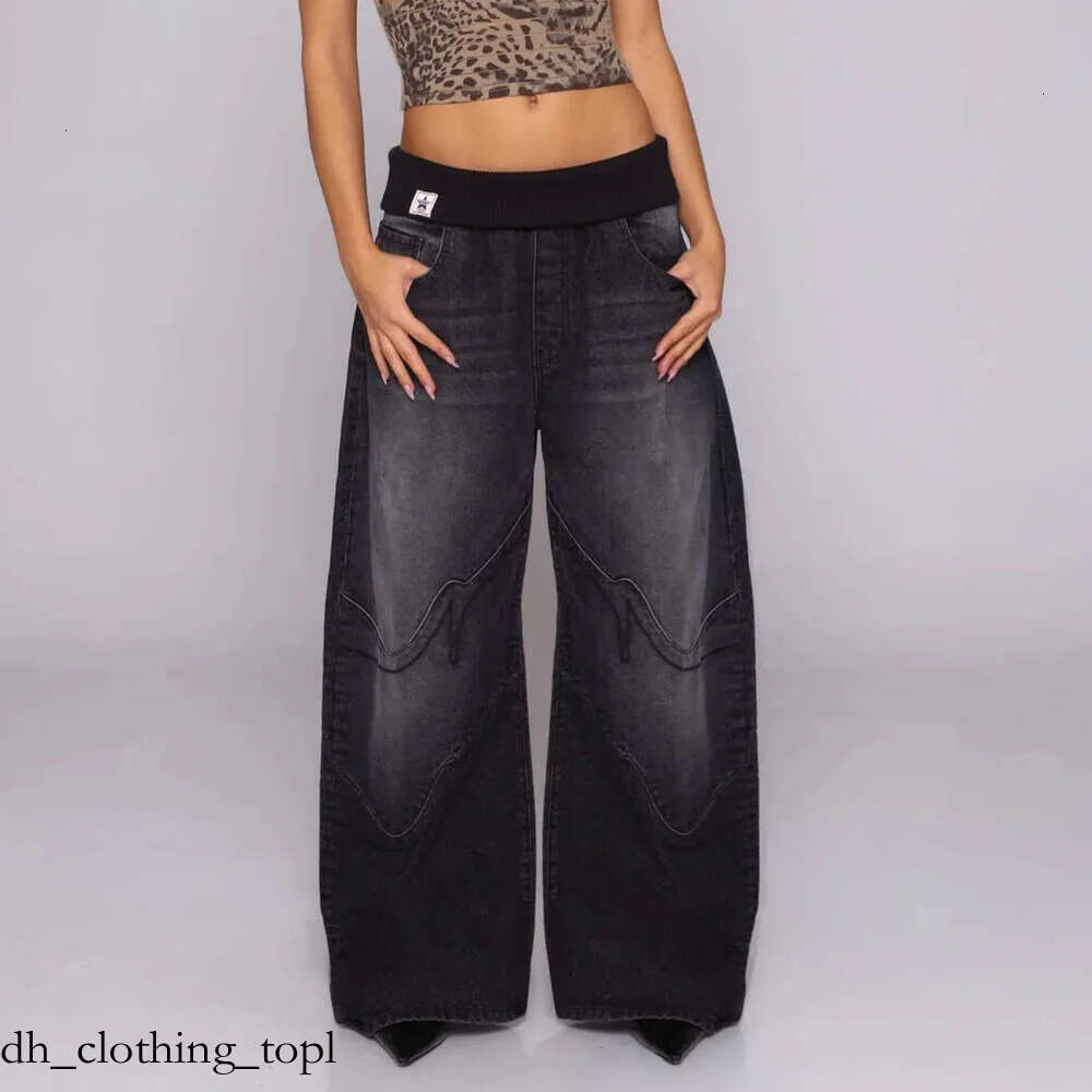 2026 Women's Revice Jeans Jeans Streetwear Hole Denim Wide Leg Revice Jeans Pants High Waist Patchwork Belt Individuality Hit Color Female Clot