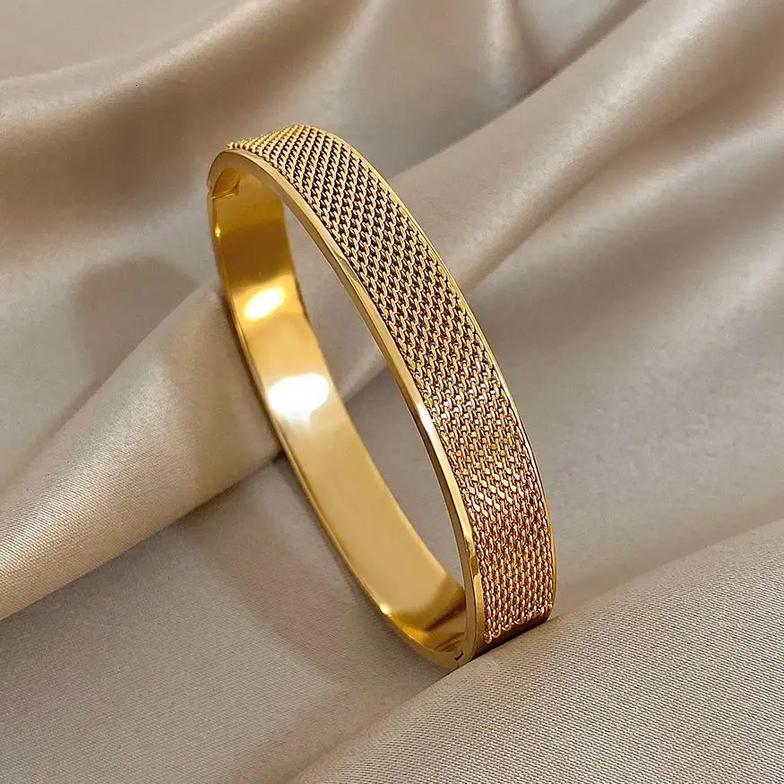Unique Geometric Mesh Woven Textured Wide Bracelet Fashion Gold Plated Stainless Steel Cuff Bangle Bracelets Waterproof Jewelry 260413BJ