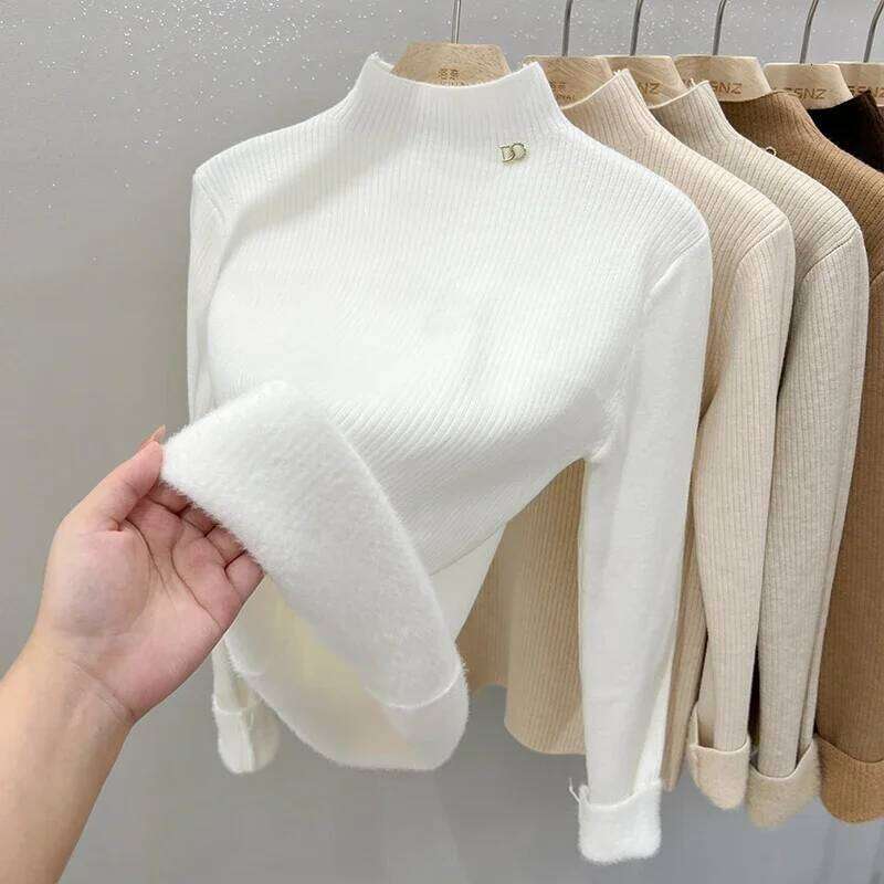 Fleece Sweaters Women S Long Sleeve Sweater Thick Warm Bottoming Velvet Half Turtleneck Pullover Casual Autumn Winter