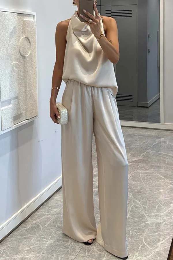 Casual Satin 2 Piece Set Spring Summer Fashion Solid Color Sleeveless Grown-on Collar Top Elastic Waist Wide Leg Pants Suit 260410