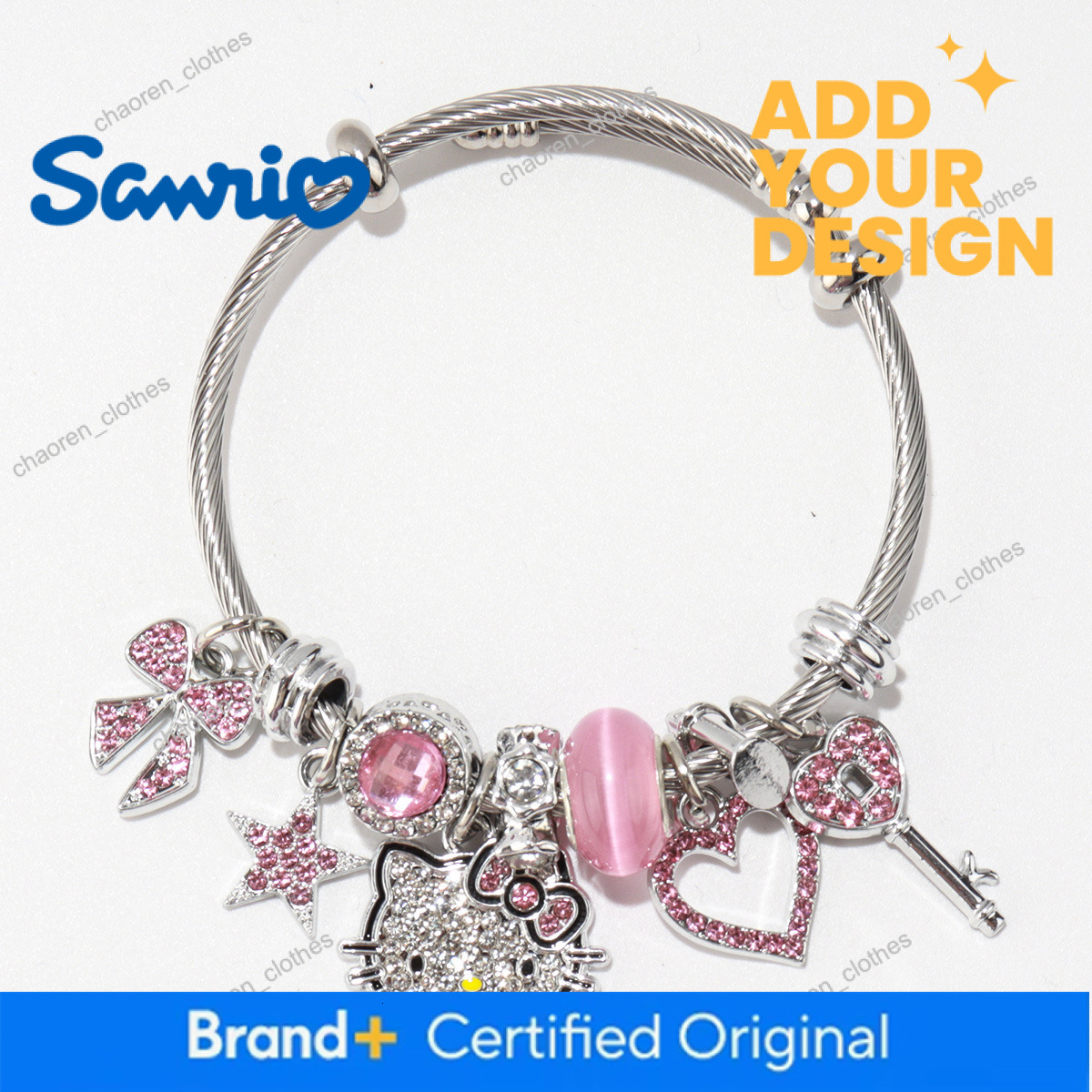 Cross-border Pandora-style Hello Kitty Bangle, Stainless Steel Open Cuff Bracelet, Kitty Cat Large Hole Beads DIY Hot Sale Bracelet Wholesale