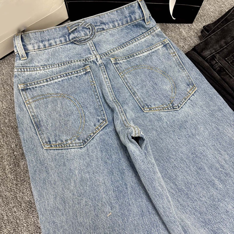 Vintage Femmes Denim Jeans Pantalons Designer Jambe Large Pantalon Taille Basse Lettres Or Lettre Bouton De Verrouillage Bleu Jeans Droit Pantalo