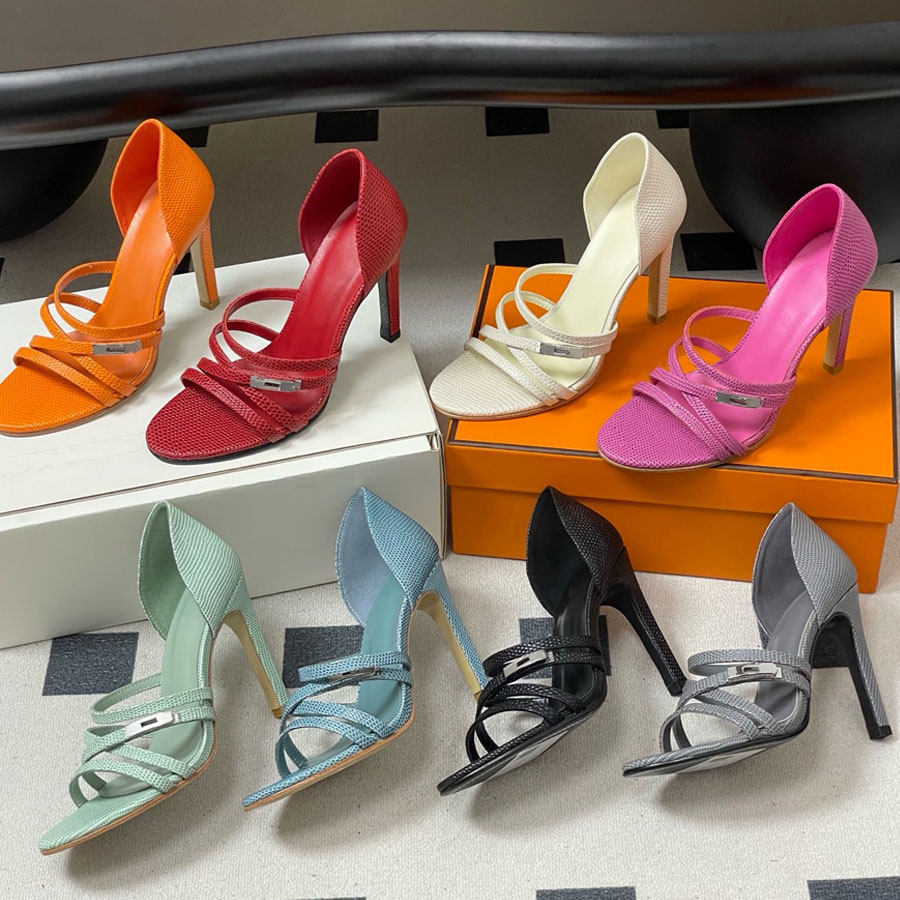 Top quality Silver buttons real Leather Stiletto heels sandals open toes High-heeled dress shoes Formal Luxury designer heels womens Evening Office