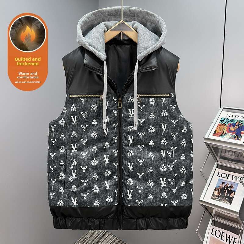 Men's Hooded Patchwork Puffer Vest Autumn Winter Quilted Denim Insert Sleeveless Jacket Thickened Warm Stylish Casual Lightweight Outerwear Coa