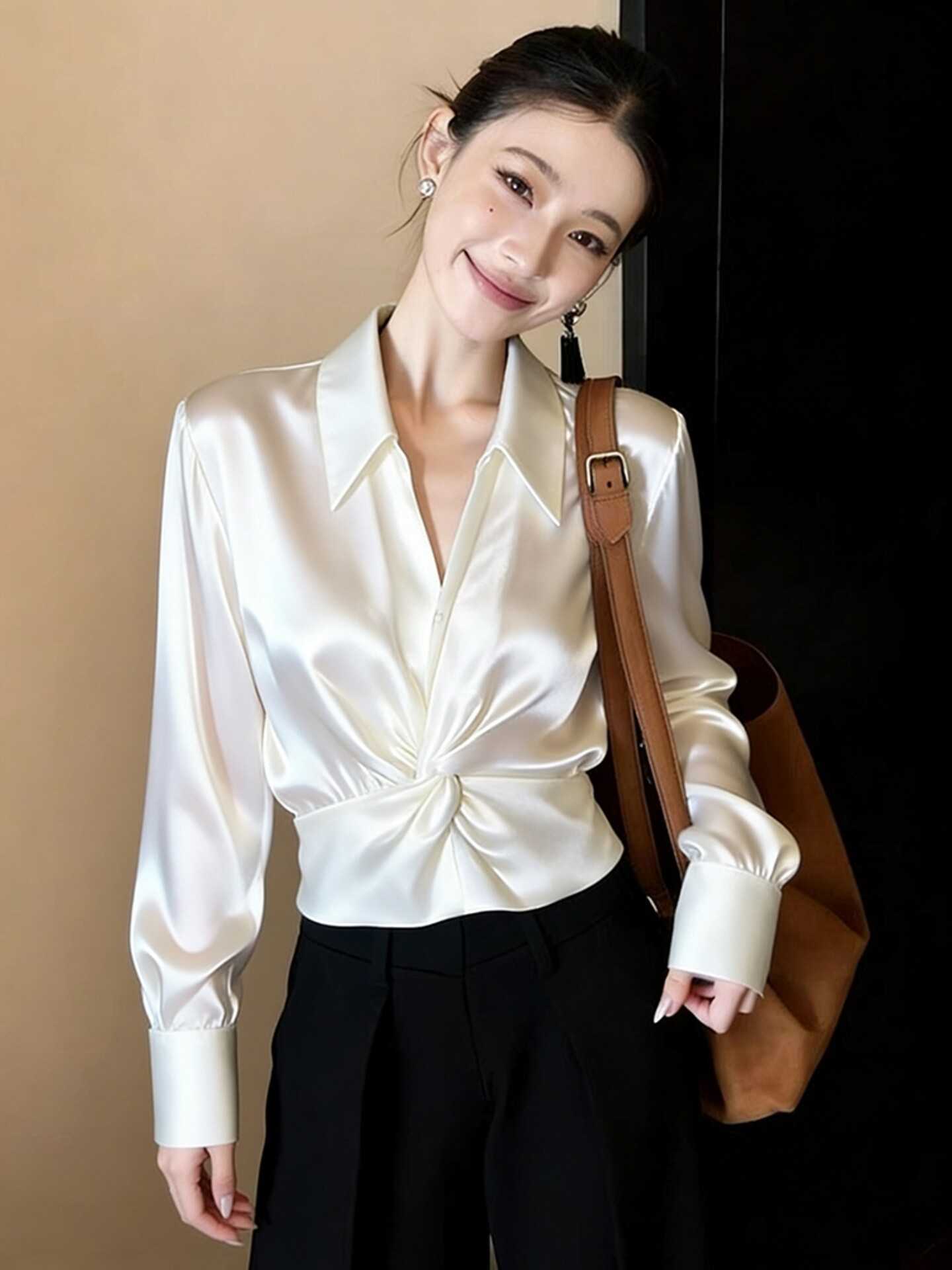 French-style chic and luxurious high-end feeling blouse, high-quality satin blouse for women in spring J260414-image-862277758