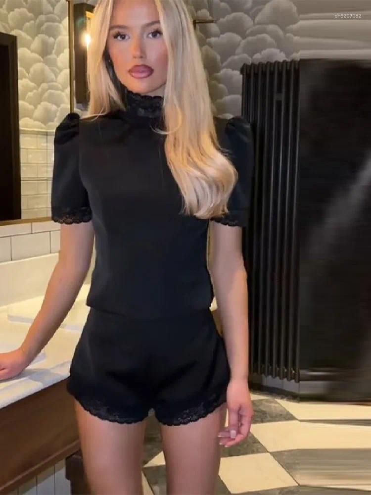 Women's Tracksuits Minimalist Satin Lace Black Short Set Chic High Neck Shoulder Pads Top Cozy Shorts Versatile High-quality Outfits Woman