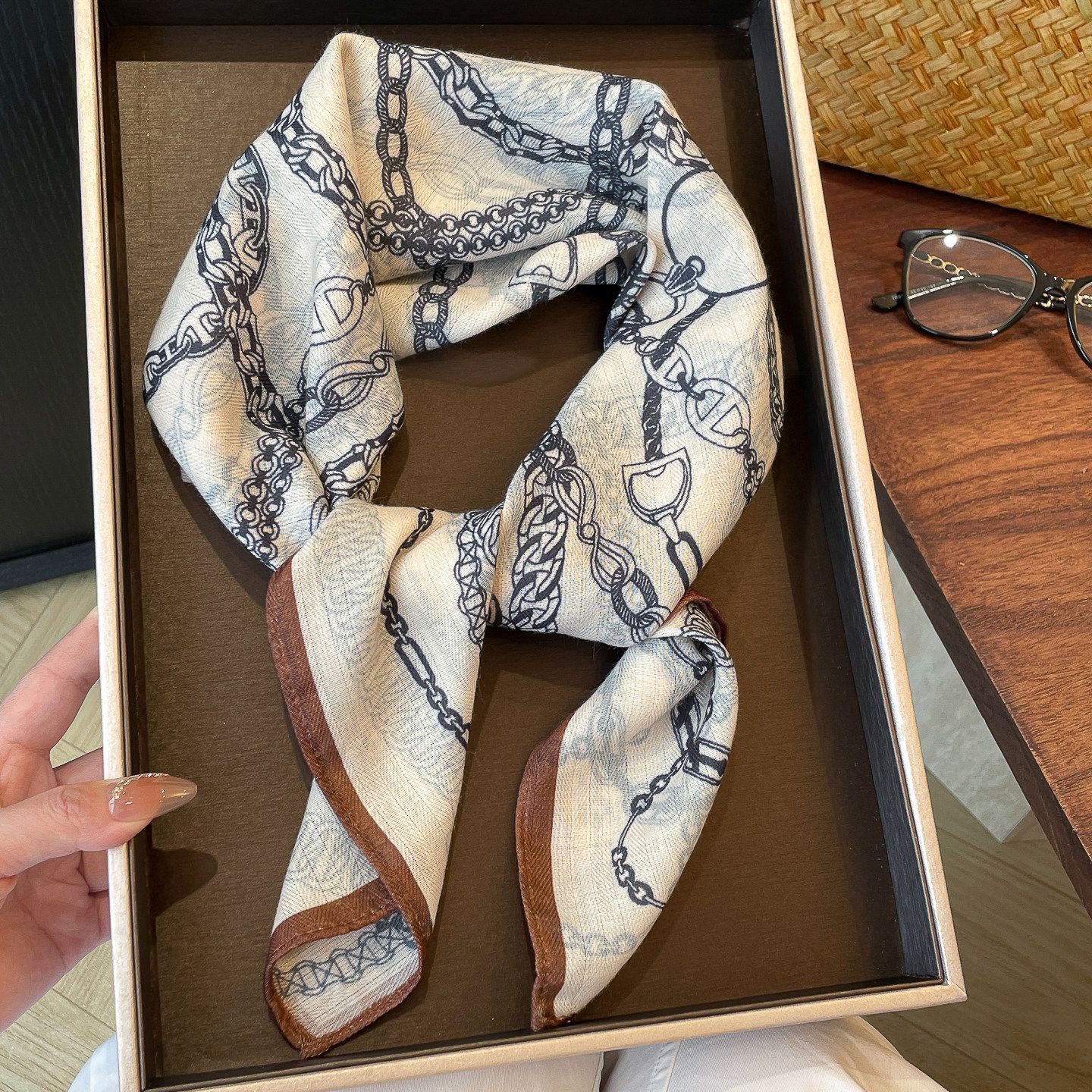2026 New Vintage Cotton Linen Chain Print Small Square perfume Casual Versatile Elegant Scarf Accessory cologne For Women Designer