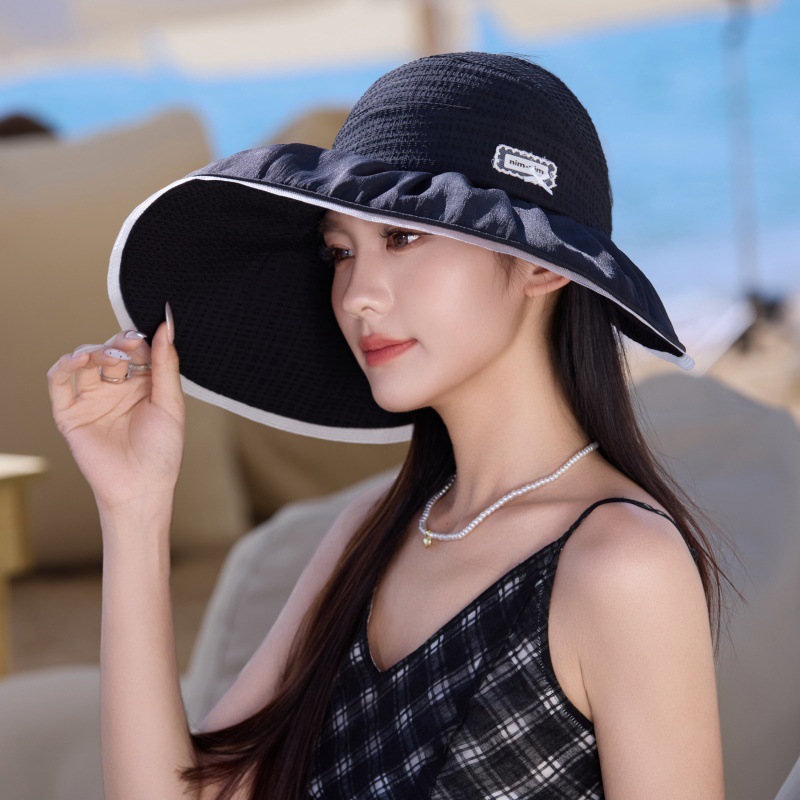 Women's UPF 50+ Empty Top Sun Hat, Large Brim Breathable Bowknot Bucket Hat, Adjustable UV Protection Sun Visor with Windproof Rope for Beach T
