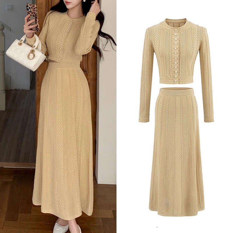 2026 spring and summer new designer slim fit round neck long sleeved cardigan+A-line skirt knitted two-piece set