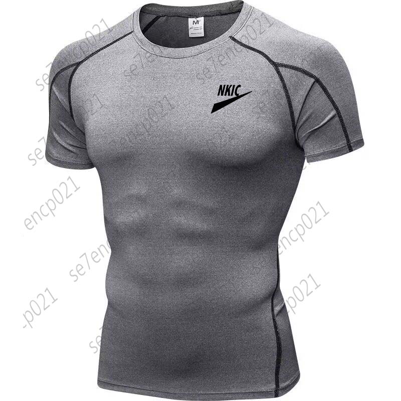 Summer Gray T Shirt Men Letter Print Short Sleeve Sport Tees Fitness Running Sportsear Men Gym Elastic Quick Dry Jogging T-shirt Tops-image-754464688