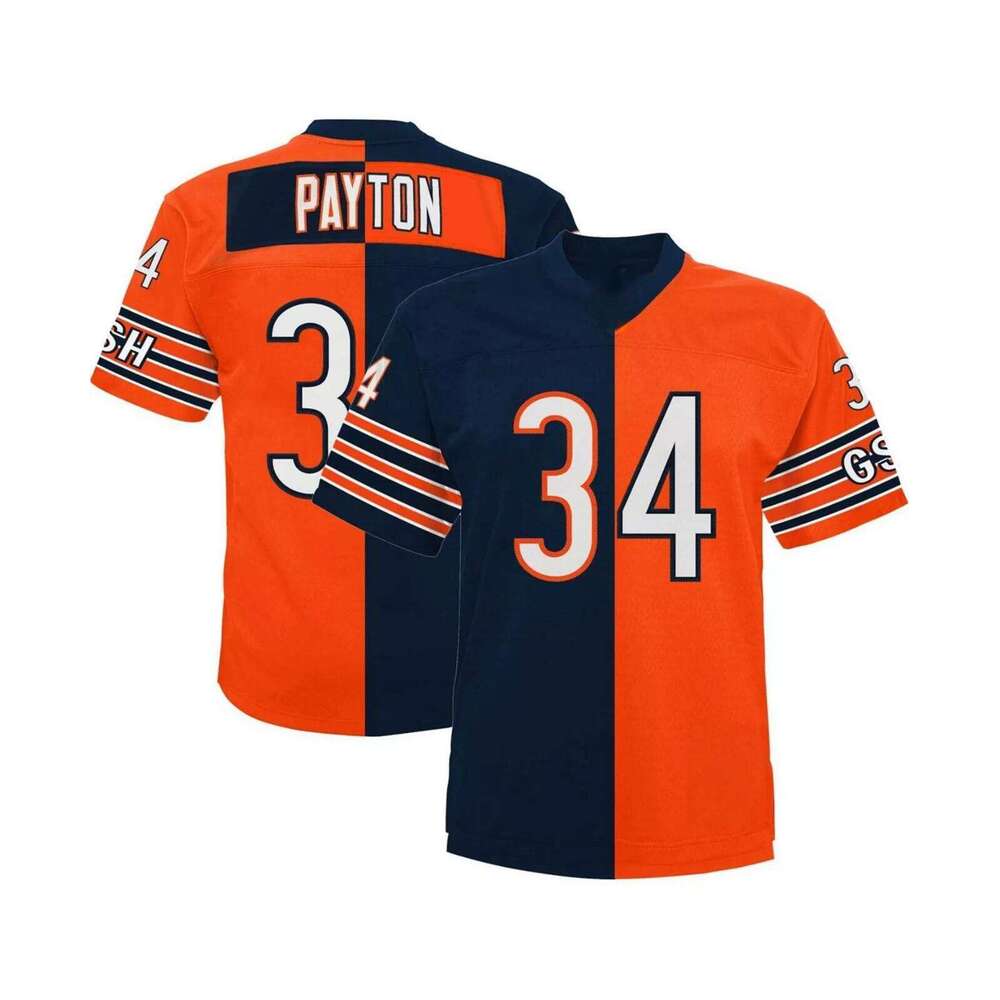 NEW Men's Custom Sewn Stitched #34 Payton Navy and Orange Split Jersey S - 5XL