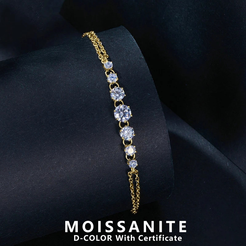Lnngy 925 Sterling Silver Certified Double Chain Bracelets Exquisite 7-Stone Bracelet for Women Wedding Jewelry Gift 260414BJ