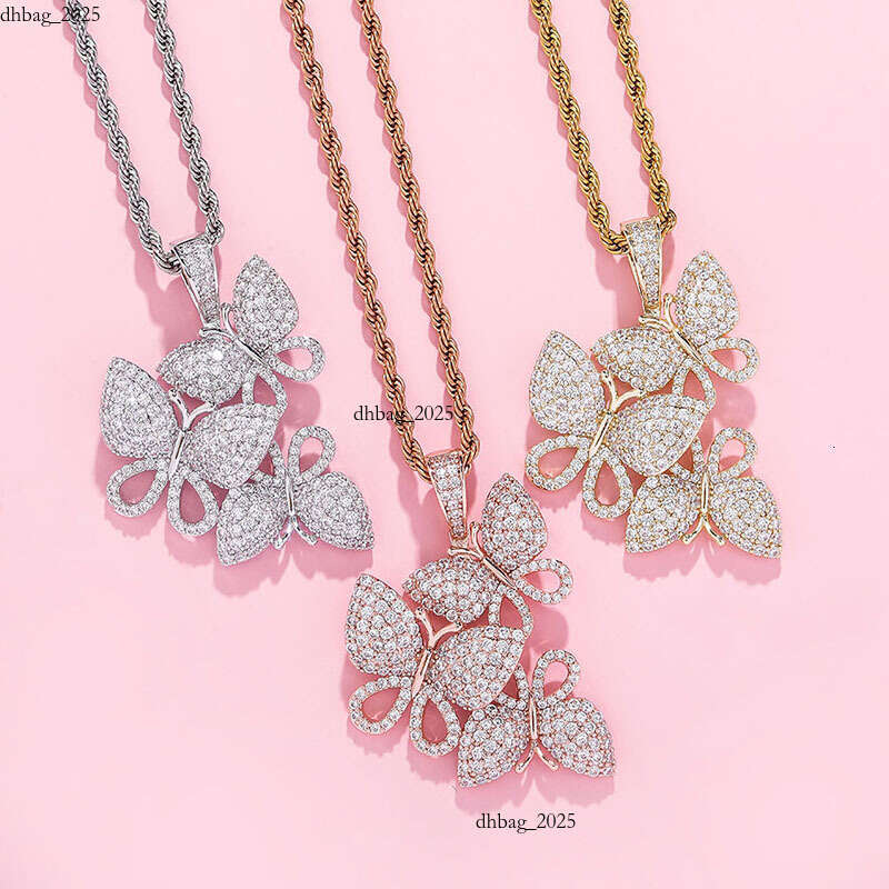Jewelry New Style Three Butterflies Women's Necklace Full Moissanite Hip Hop Trend Pendant Jewelry Simple Versatile Collarbone Chain for Women