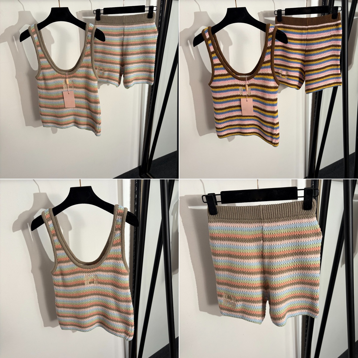 Holiday Sling Camisoles Shorts Set Colorful Stripe T Shirt Shorts Suit Luxury Knit Casual Tracksuit Vacation Brand Beach Top Tracksuit Clothing-image-957701723