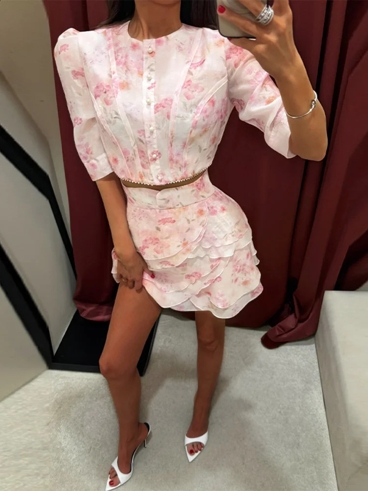 Elegant Floral Print 2-Piece Skirts Set Womens Short Sleeve Cropped Top High Waist Mini Skirt Summer Party Evening Suit Outfit 260707BJ
