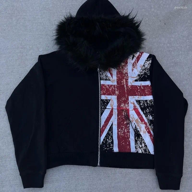 Men's Hoodies Deeptown Black Fur Collar Women Man Zipper Flag Print Harajuku American Vintage Sweatshirts Baggy Casual Streetwear
