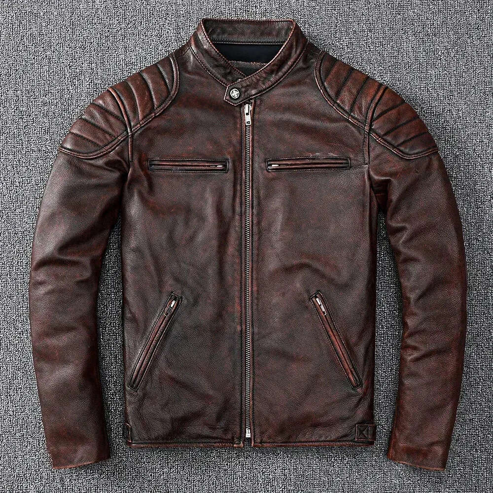 Men's Vintage Distressed Leather Motorcycle Jacket, Retro Cafe Racer Biker Coat, Slim Fit Windproof Genuine Leather Jacket for Autumn Winter
