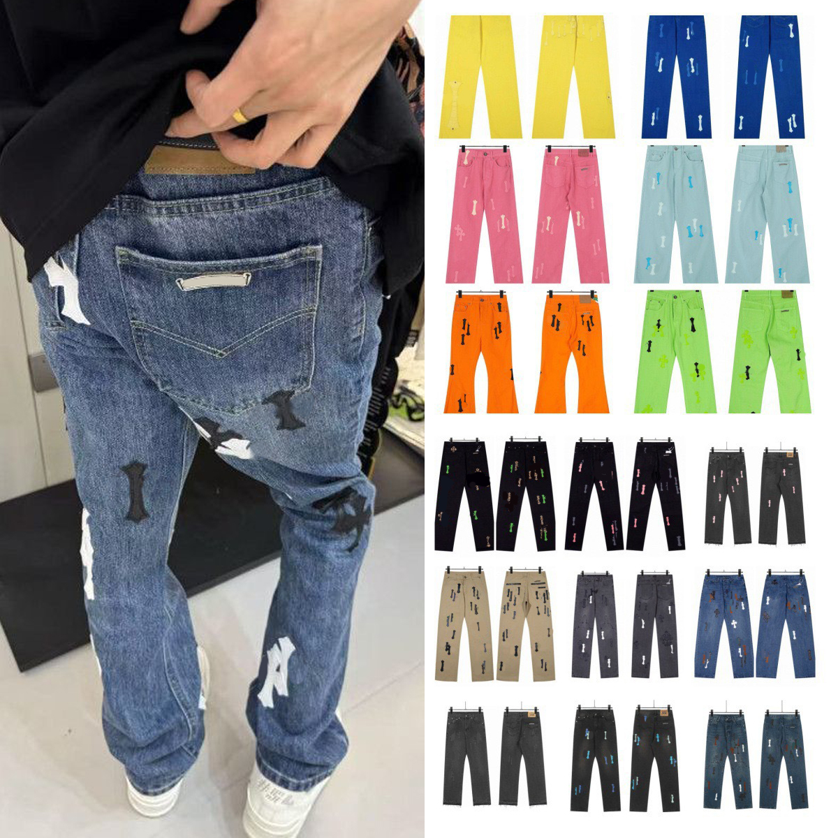 Jeans jeans de créateur pour hommes baggy jeans pantalons hommes jeans jean Hip Hop High Street Moto croix droite lâche veste pour homme en plein