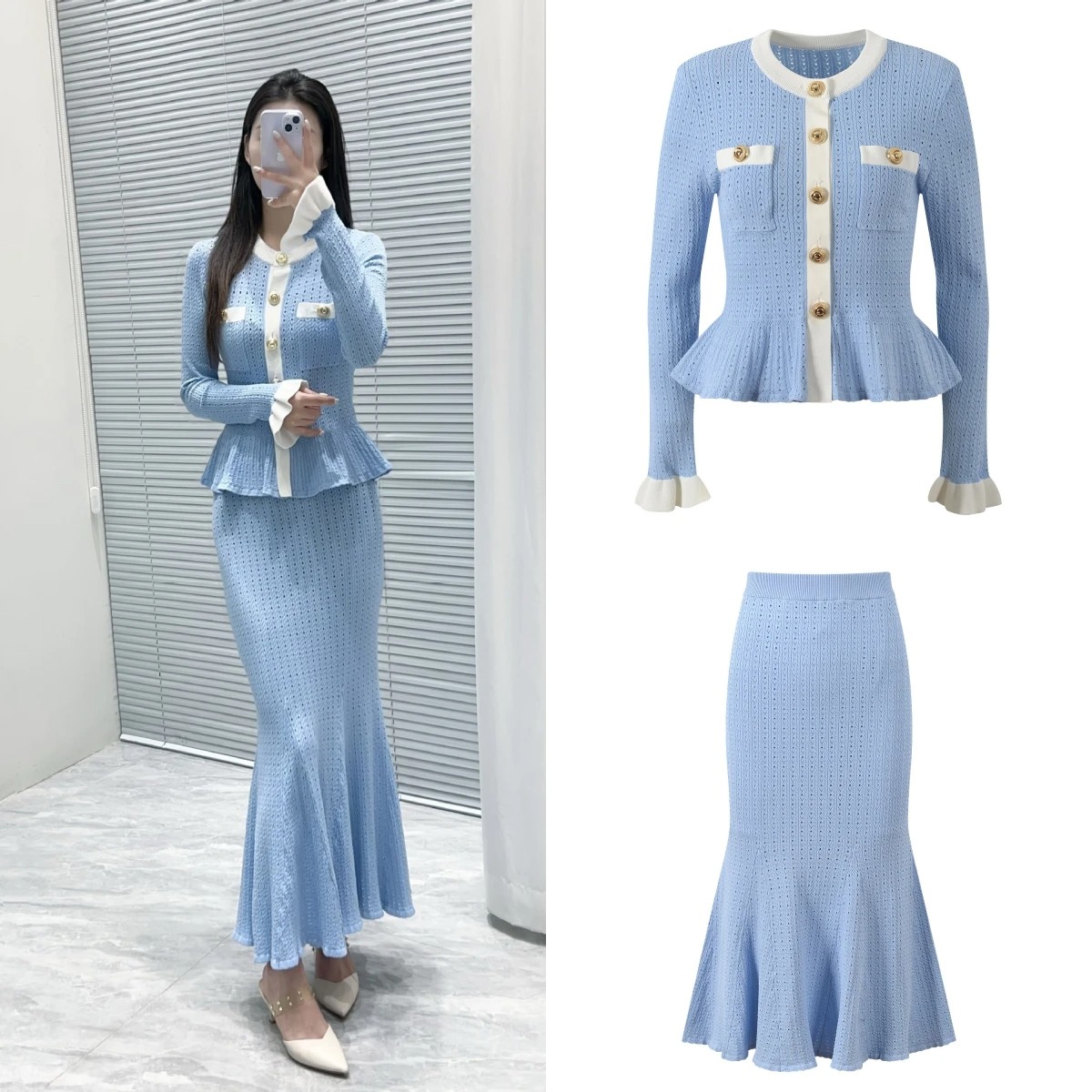 Robe deux pièces automne ajouré jupes de plage tenues pour femmes tricoté volants manches longues hauts plissés a-ligne jupes ensembles femmes 2