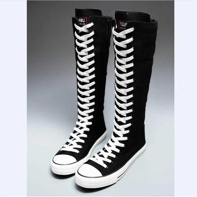 2025 New High Top Canvas Shoes for Womens Korean Edition Long Boot Lace-Up Zipper Comfortable Boot Zapatos De Mujer Tendencia T260414