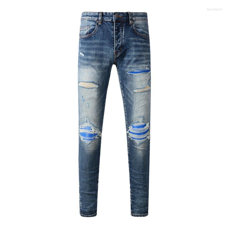 Amrirjeans Men's Jeans European American High Street Fashion Distressed Blue Washed Ripped Leather Trendy Brand Elastic Tight Fitting Miriamiri