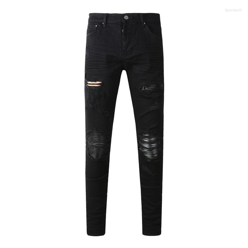 Amrirjeans Men's Jeans European American High Street Fashion Distressed Blue Washed Ripped Leather Trendy Brand Elastic Tight Fitting Miriamiri