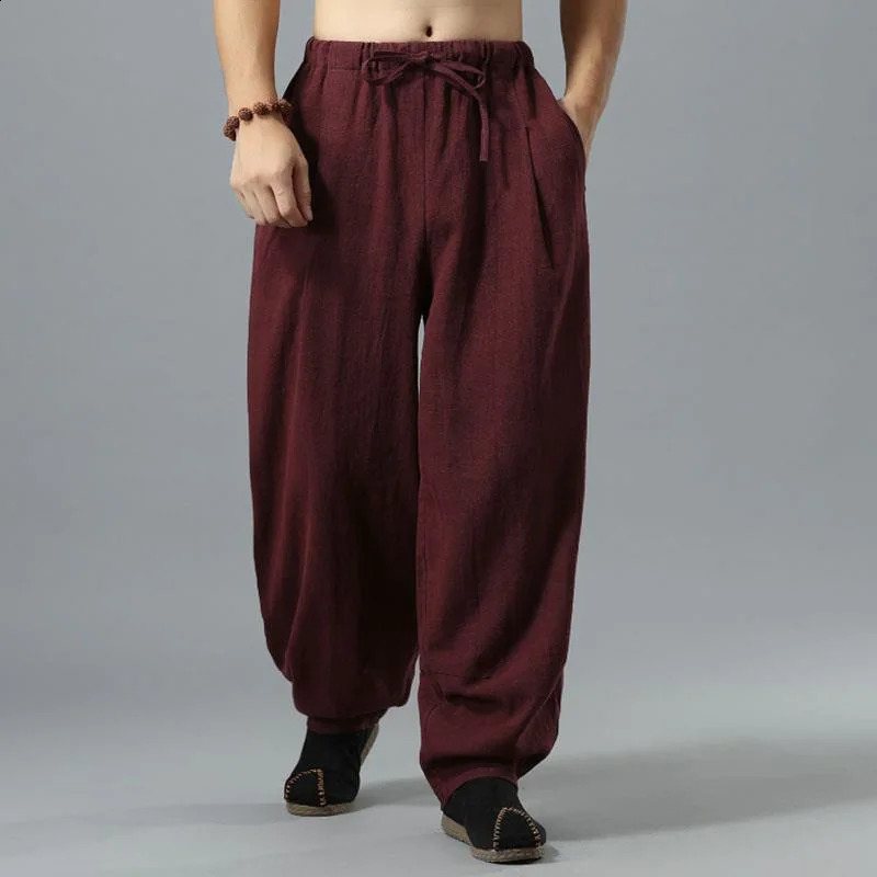 Baggy Cotton Linen Pants Men Casual Wide leg Oversize Jogger Trousers Vintage Drawstring Sport Sweatpants Male L26911