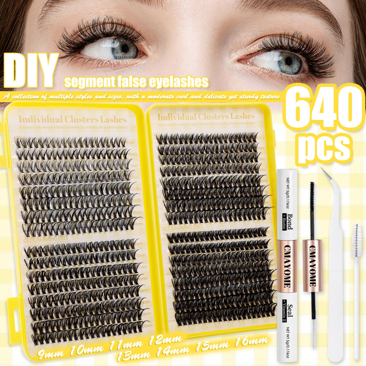 640Pcs DIY Lash Clusters D Curled Fluffy Wispy Eyelash Extension Kit with Lash Bond and Seal Strong Hold DIY Individual Eyelashes Soft Lightweigh-image-1101696793