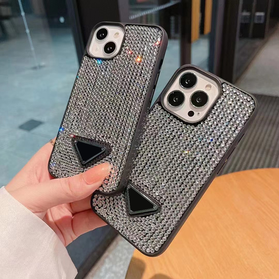 Sparkling Rhinestone Luxury Phone Case For Iphone 17 16 15 14 13 Pro 12 Max Metal Triangle Logo 17Promax Phone Case 16Promax For Apple 15Promax C