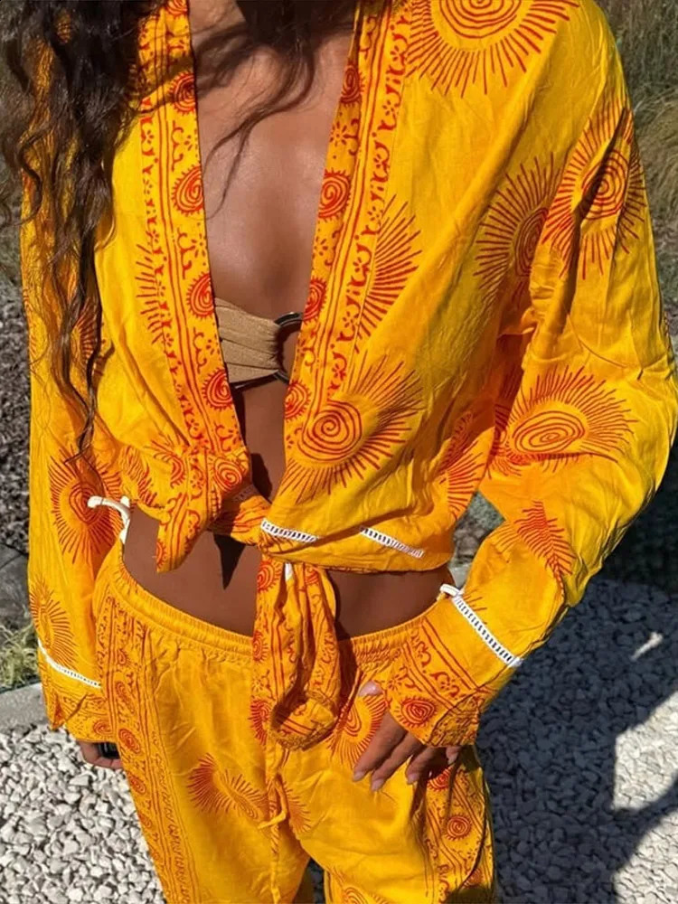 Boho Y2K Women's 2 Piece Set Yellow Orange Acetate Tie Front Crop Top Wide Leg Floral Print Pants