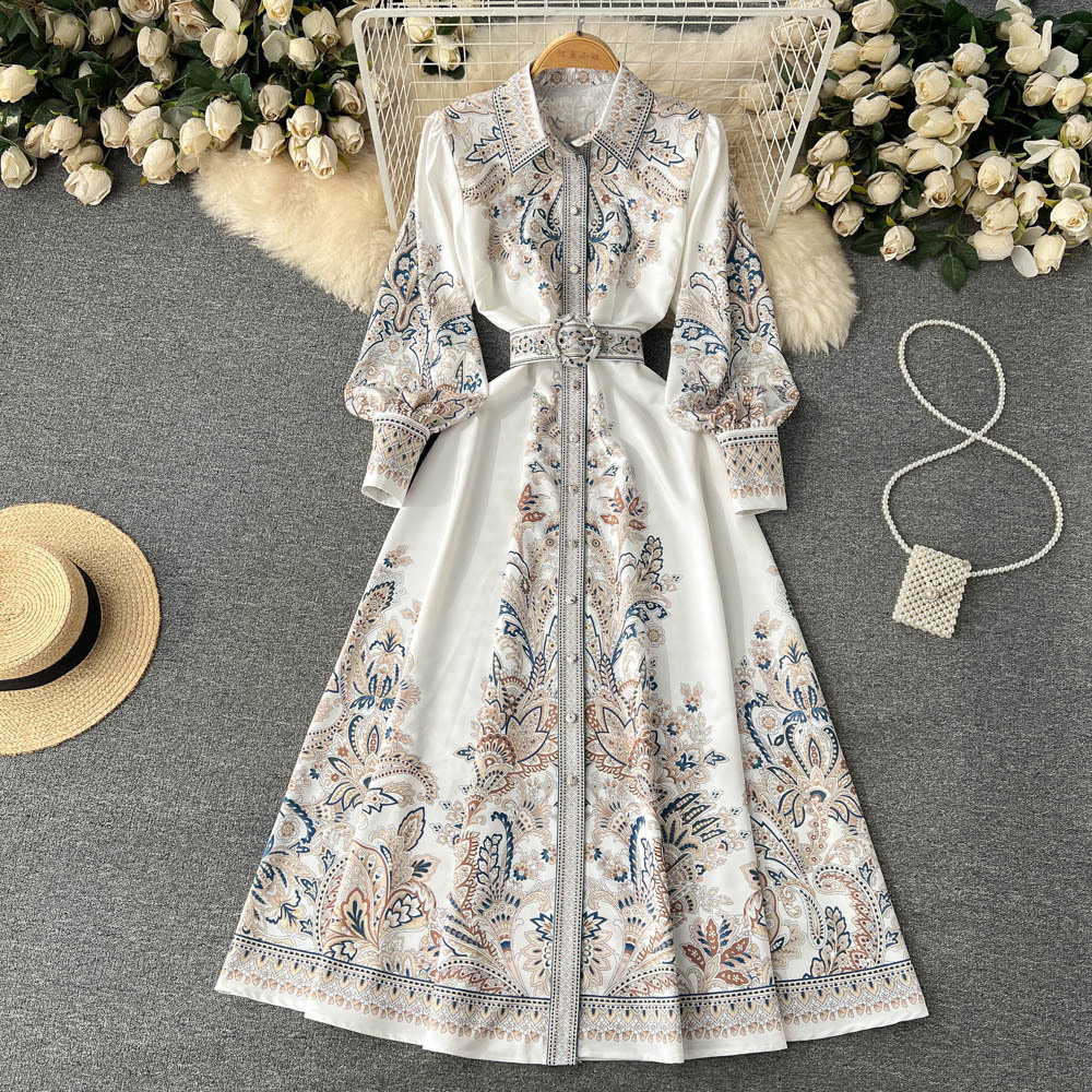 Boho High Waist Long Dresses For Women Elegant Print O Neck Long Sleeve Belt A-Line Loose Autumn Vestidos Para Mujer 240724