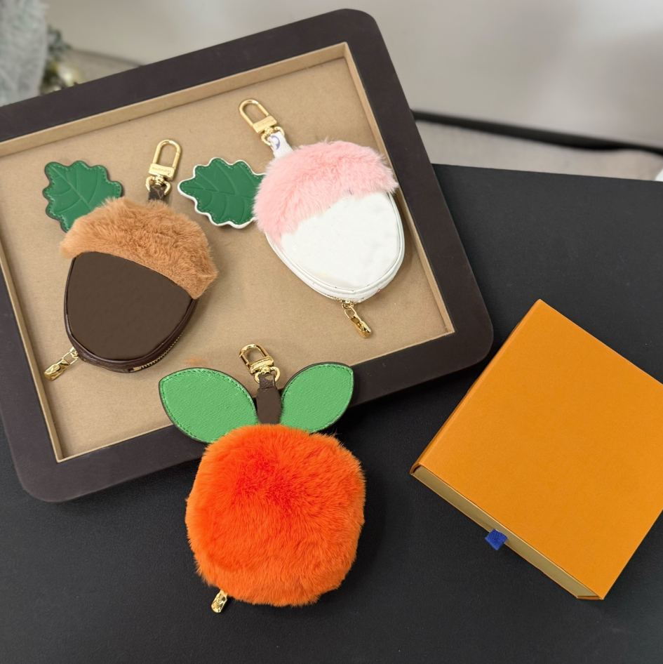 Luxury Hazelnut Bag Charm Genuine Leather Mini ACORN bag Monogram Keychains Wallet headset Keyring Designer Cute Fur plush Orange Keychains Coin Pur