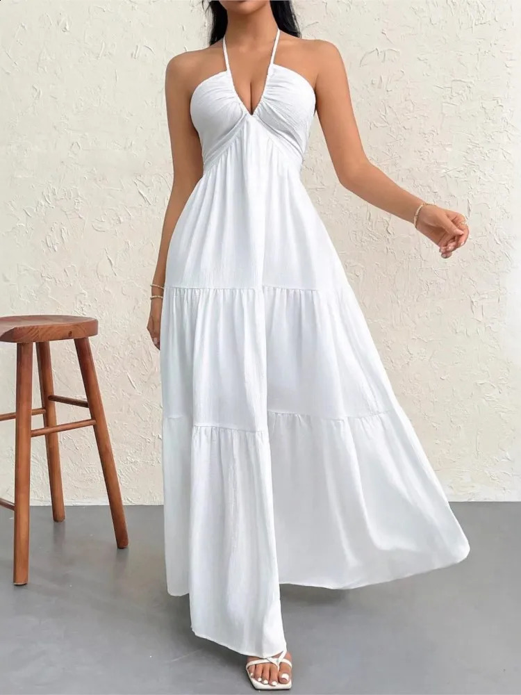 Sexy Deep V Neck Dress Lady Elegant Solid Halter Sleeveless Backless Loose Dresses For Women Fashion Beach Holiday Skirt Clothes 260414BJ