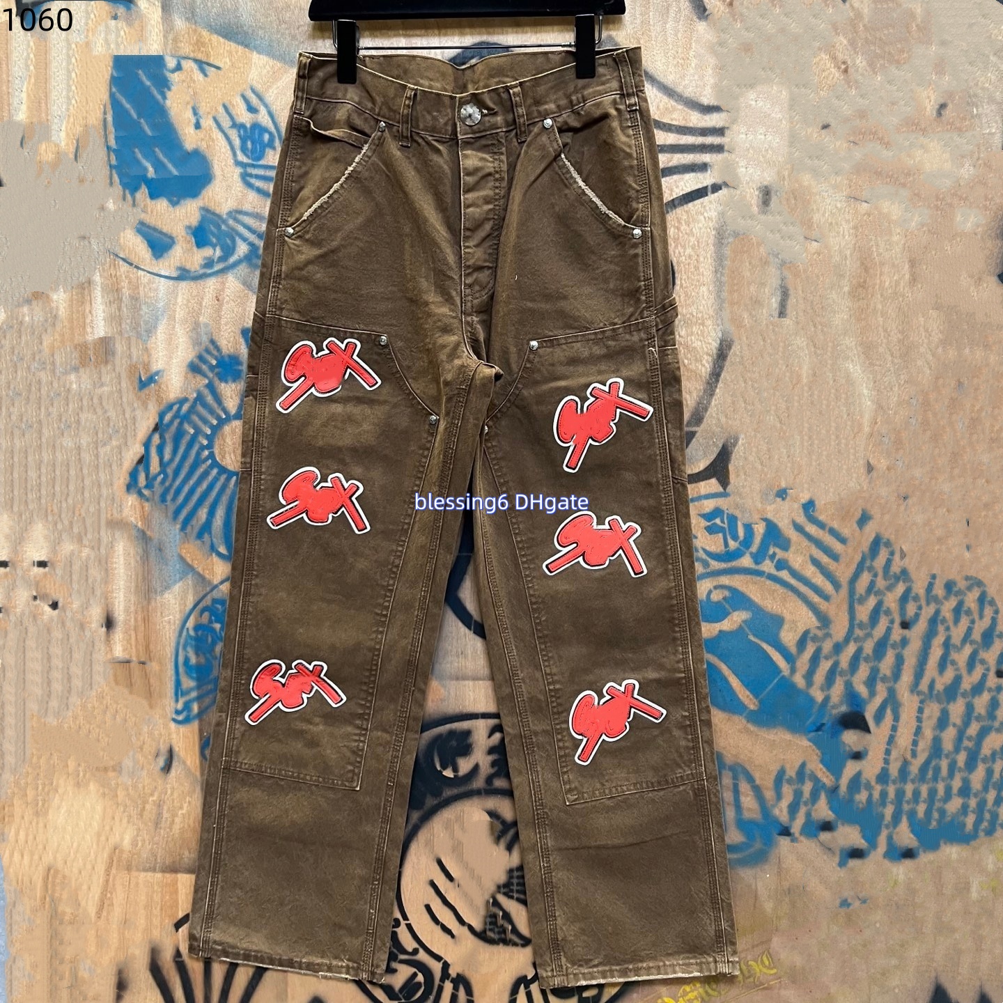Chrome American retro men's jeans work pants men's red patch embroidery loose straight tube wear-resistant Carpenter work pants couple den