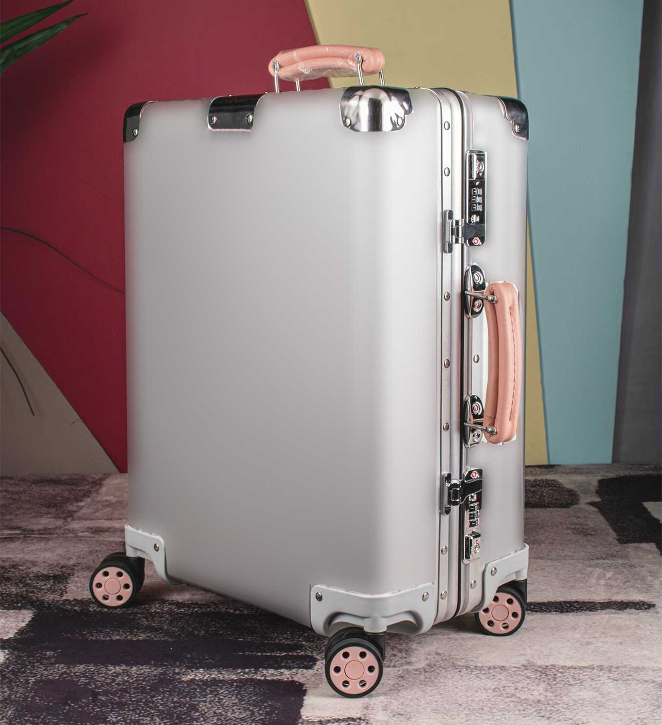 26 Designer aluminum luggages fashion travel suitcase with classic colored leather handle retro style contrasting aluminum magnesium alloy metal-image-1101807944