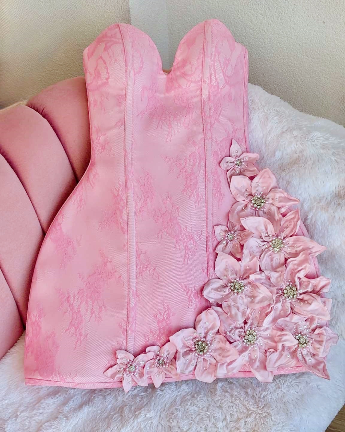 Fabriqué à la main chérie 3D dentelle florale Jacquard désossage haut corset bébé rose femmes formelle soirée fête de mariage bal livraison gratu