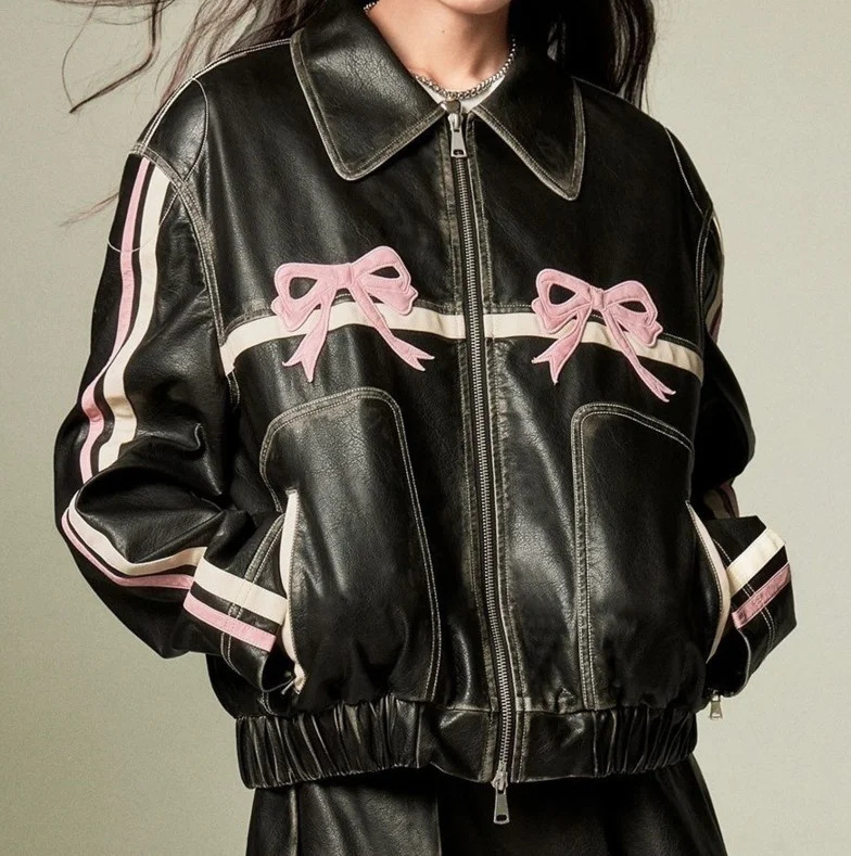 Pu Color Blocked Pocket Button Womens Leather Jacket Casual Long Sleeved Zipper Retro Coats Ladies Fashion Motorcycle Jackets 240823