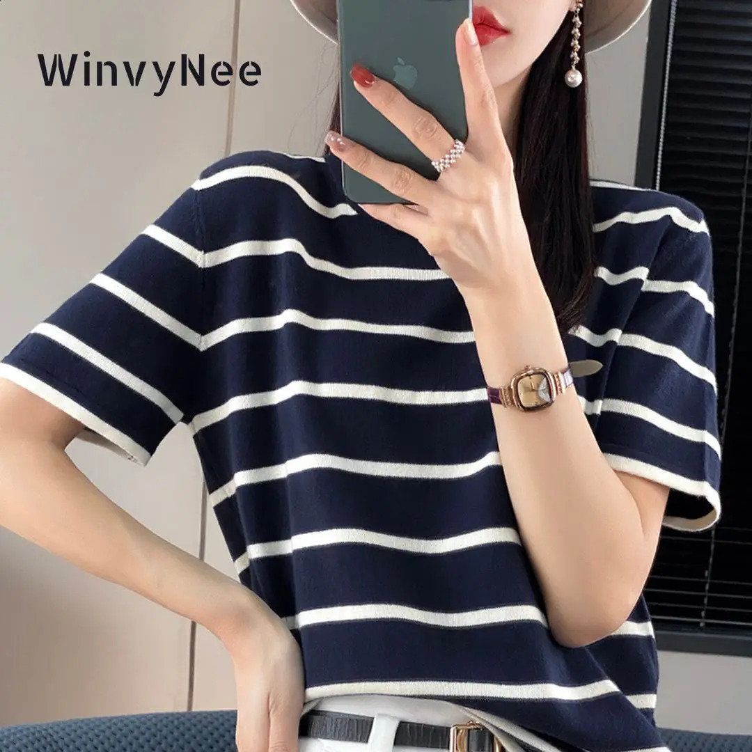 WinvyNee Summer Women 100 Cotton Striped T Shirt Women Clother Tops Short Sleeve O neck Sweater Casual Basic Pullover A1092006 260415BJ