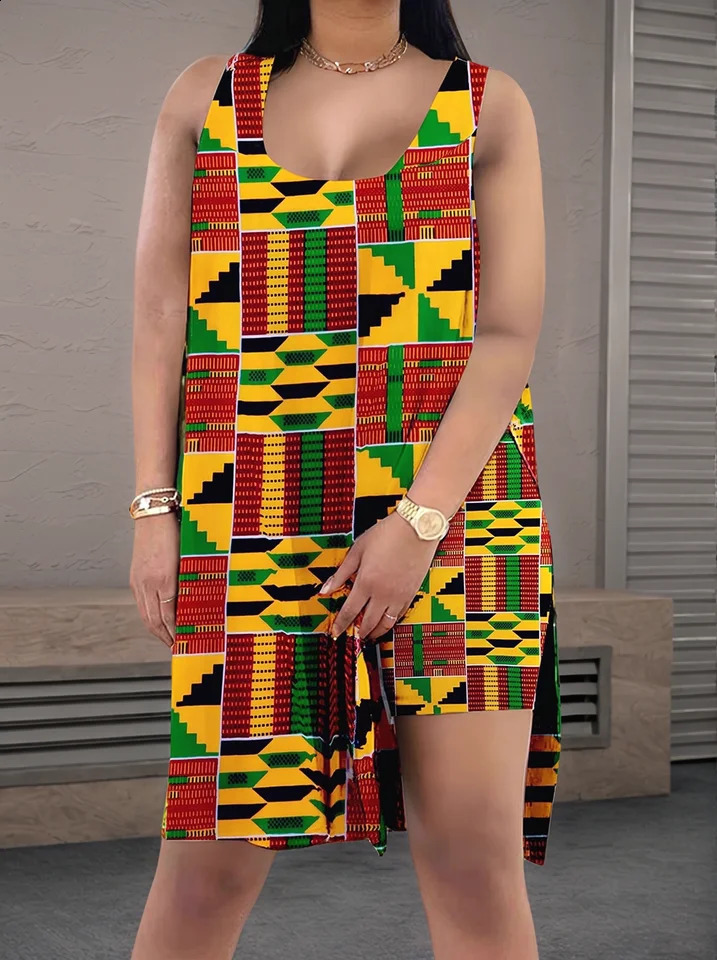 Plus Size Casual Colorful Plaid Print Two Piece Set Womens Oversized Round Neck High Split Hem Medium Stretch Sleeveless Tank 260413
