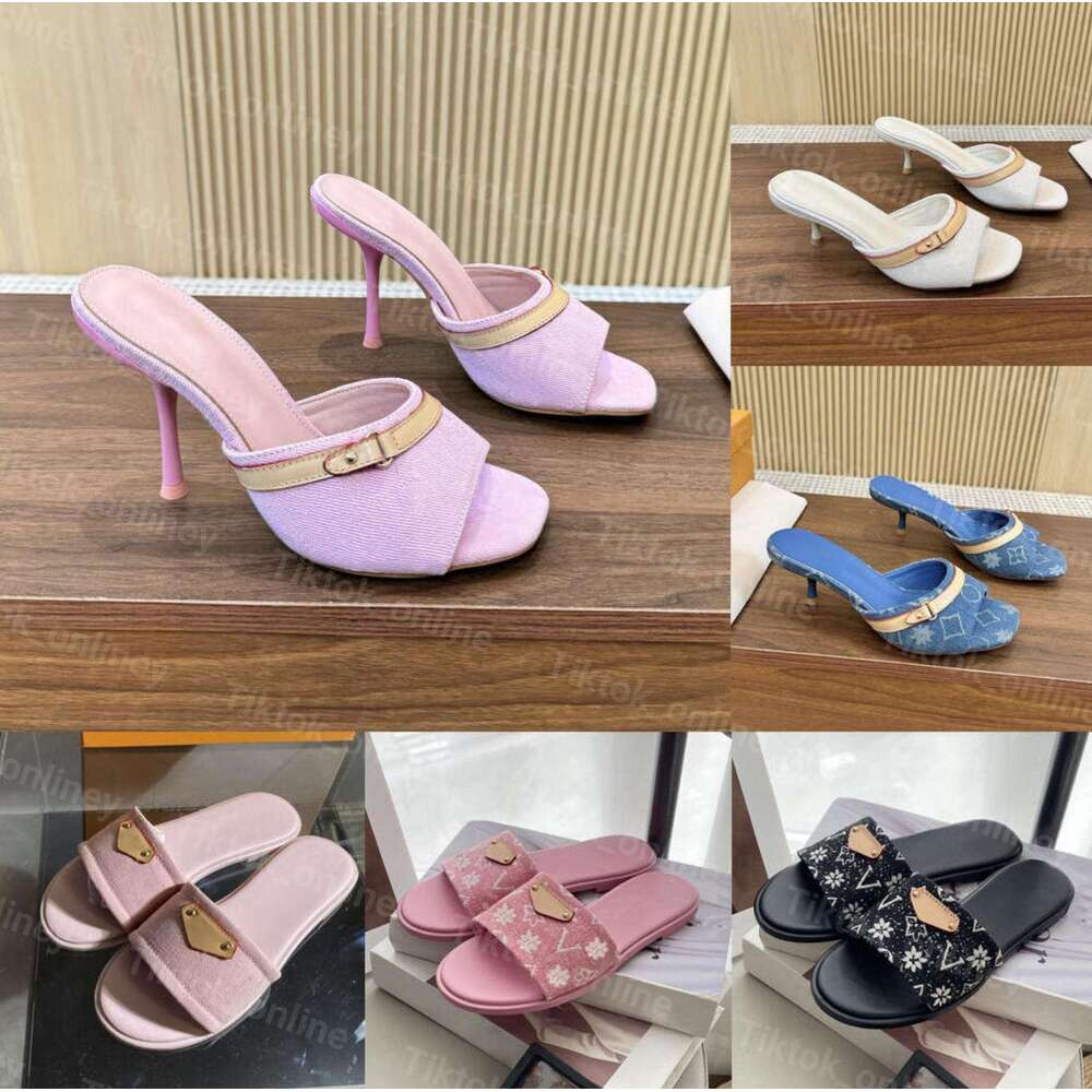 Designer Slippers sandals shoes summer luxury Dress Shoes heels Denim Heel TM 6AM Mule Pink womens High heels women Pumps Lady Sandal Classic Size 3