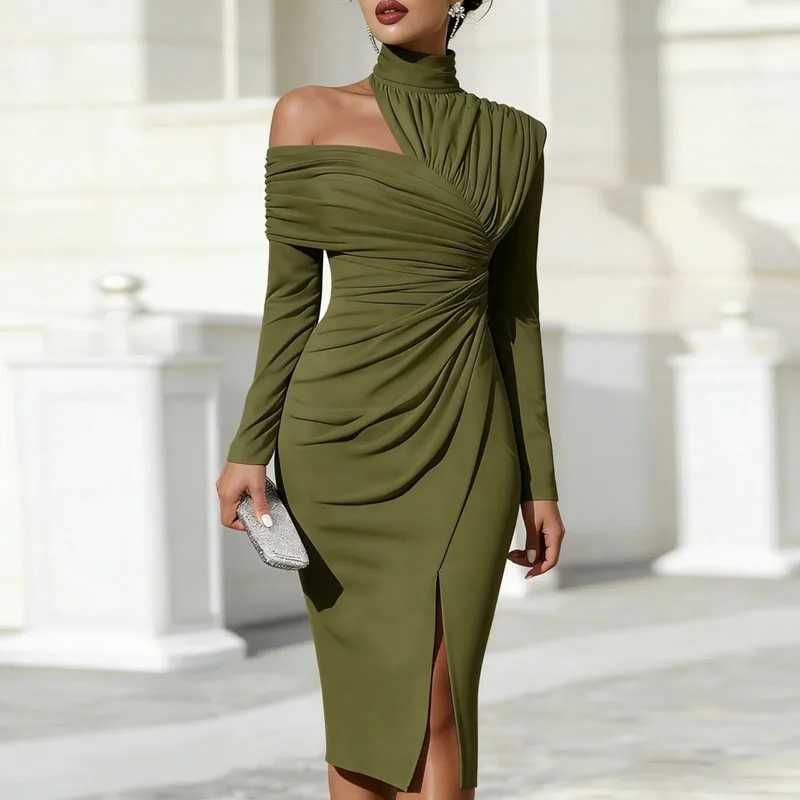 Sexy Turtleneck Off Shoulder Hollow Party Dresses Woman Spring Slid Ruched Slit Midi Dress Elegant Long Slve Office Lady Dress L260416