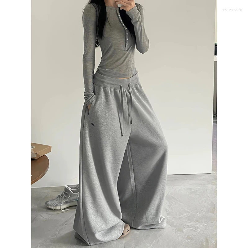 Cotton Blend Wide Leg Jeans, Women's Baggy Sports Print Sweatpants with Drawstring Waist, Zipper Fly, Lightweight Elastic Fit, Full-Length Casual Tr