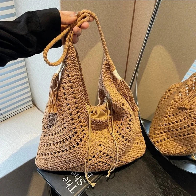 Casual Knitted Tote Bag Womens Summer Fashion Basket Weave Hollow Out Large Capacity Single Shoulder for Daily Use 260416BANJIA