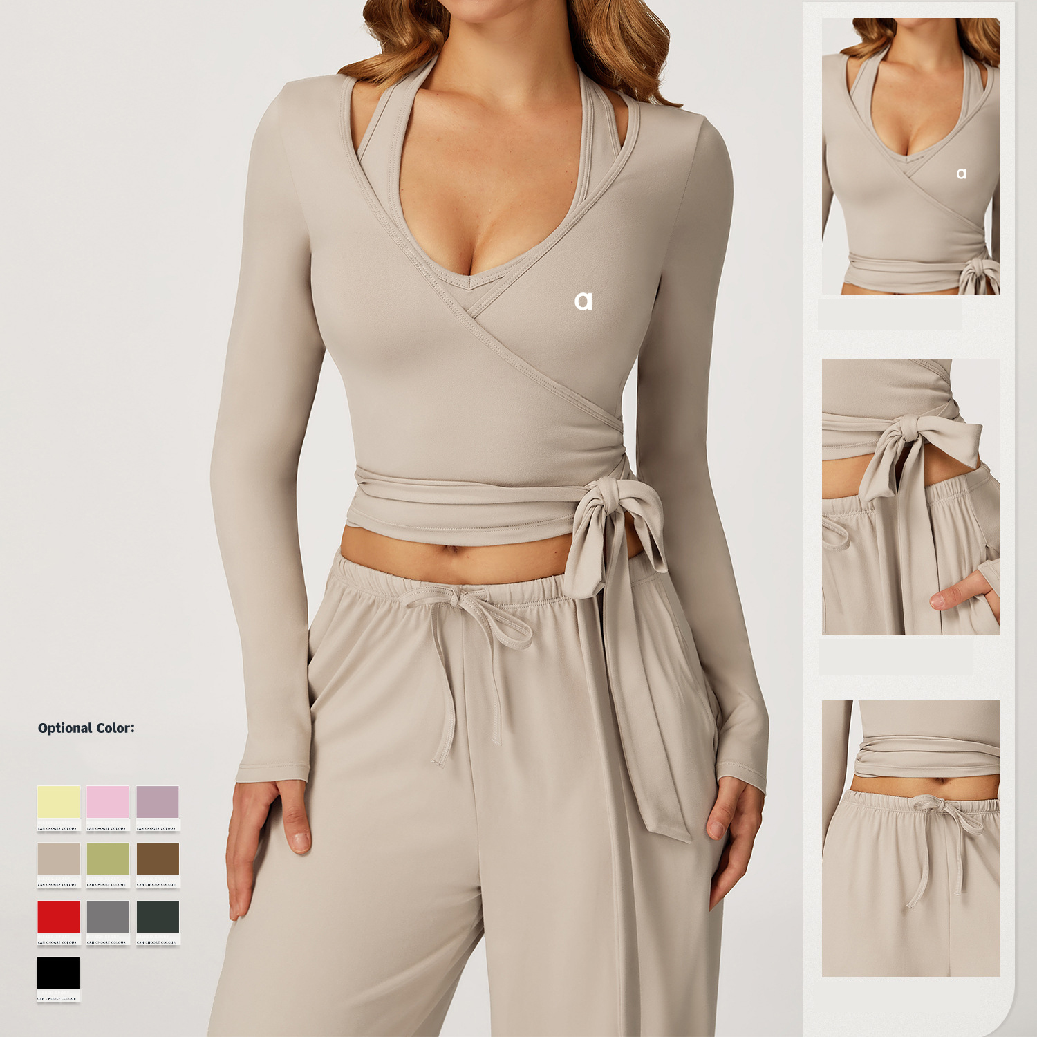 Personalized Woolen Yoga Long Sleeve One Piece Strap Yoga Clothing Outdoor High End Sports Fitness Clothing A-3058 top set